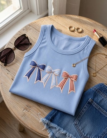 Patriotic Bow Ribbed Tank Top – Soft Blue