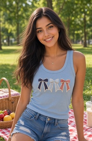Patriotic Bow Ribbed Tank Top – Soft Blue