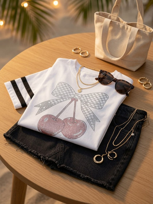 Cherry Bow Cropped Tee – Playful Sunset Party Vibes