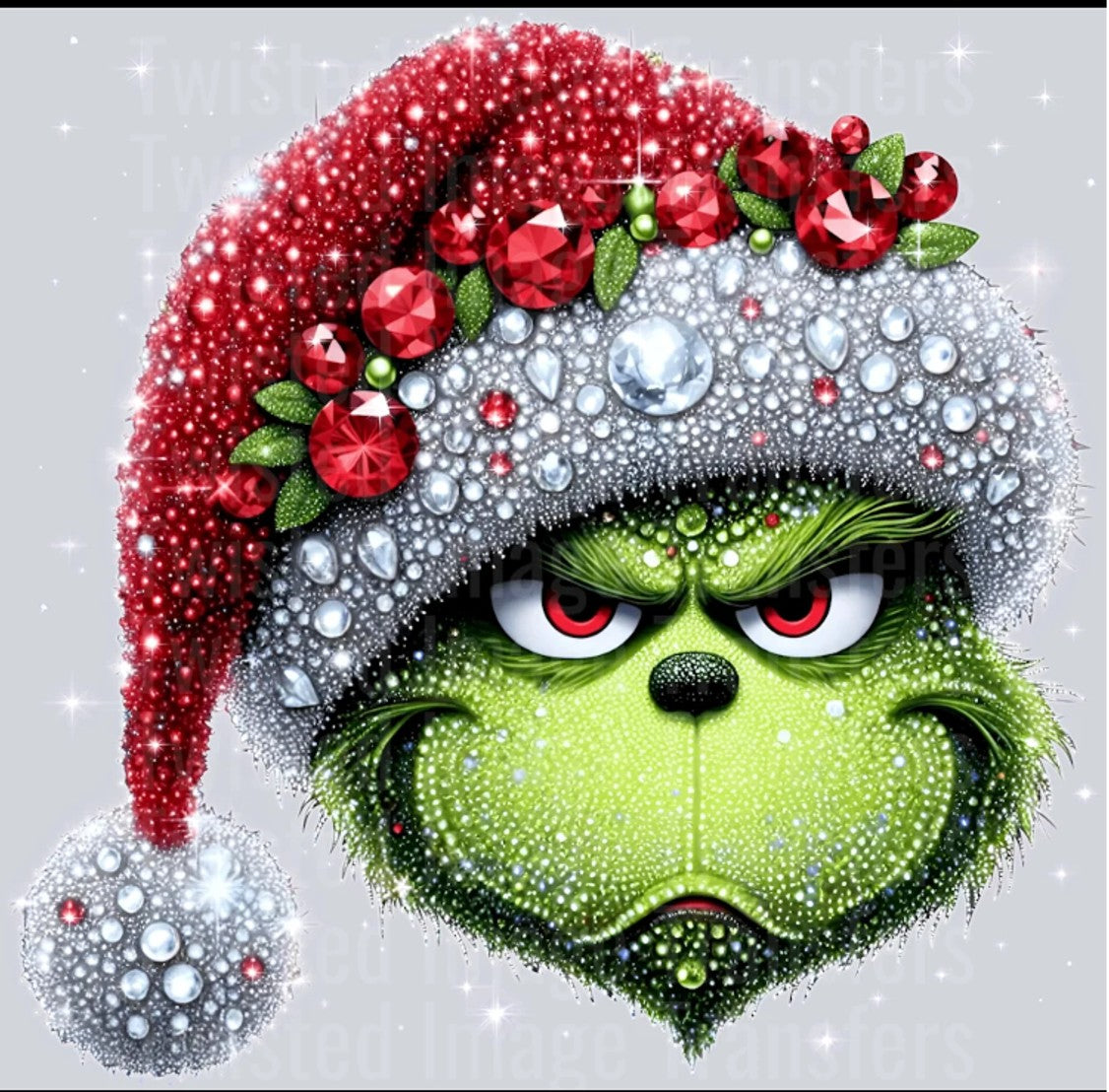 Jeweled Grinch Santa Hat Throw Pillow with Red Pom-Poms