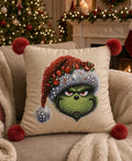 Jeweled Grinch Santa Hat Throw Pillow with Red Pom-Poms