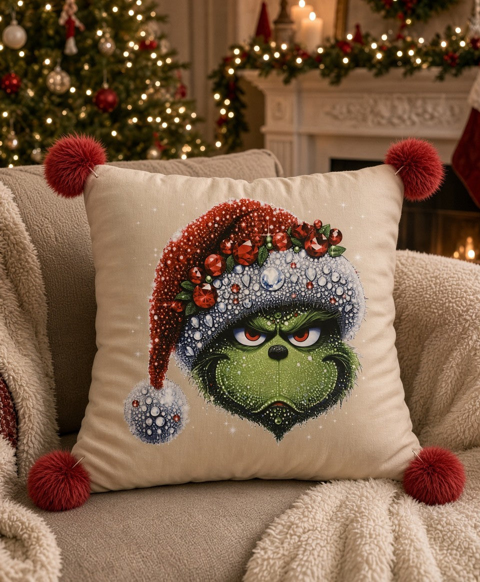 Jeweled Grinch Santa Hat Throw Pillow with Red Pom-Poms