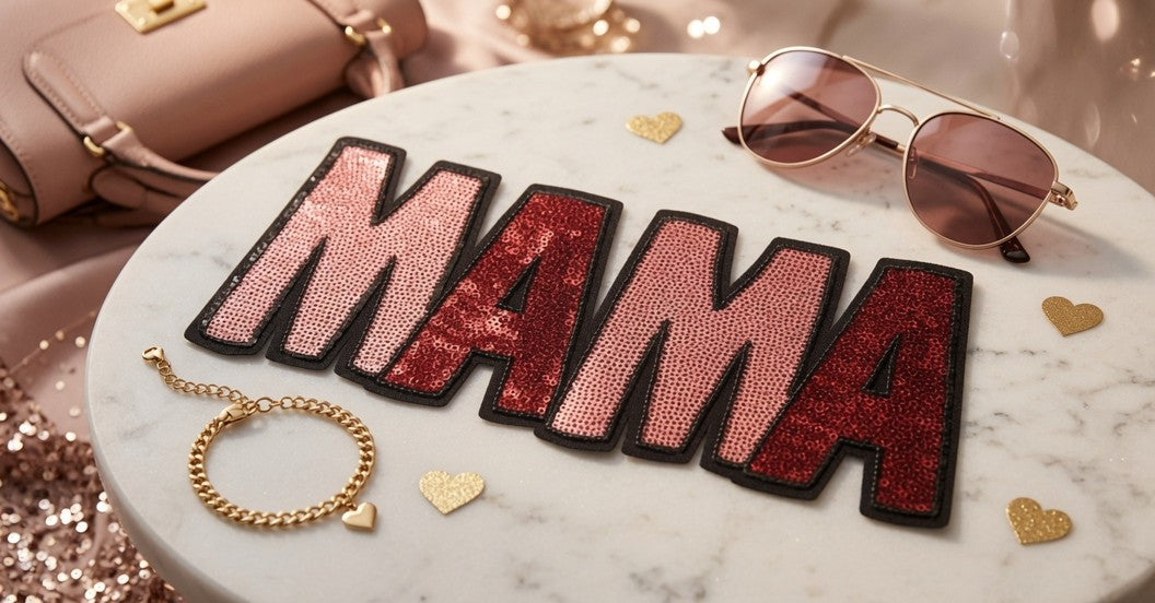 Sequin “MAMA” Orange Varsity 3/4 Sleeve Tee