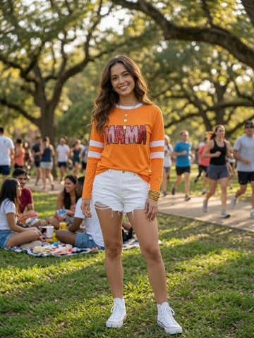Sequin “MAMA” Orange Varsity 3/4 Sleeve Tee