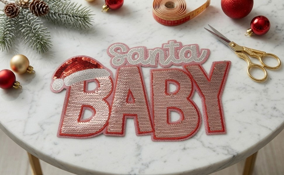 Sequin “Santa Baby Patch” Pink Varsity 3/4 Sleeve Tee