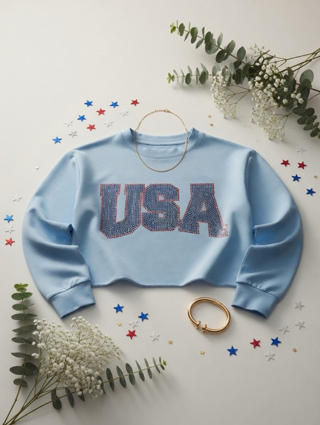 USA Rhinestone Cropped Shirt