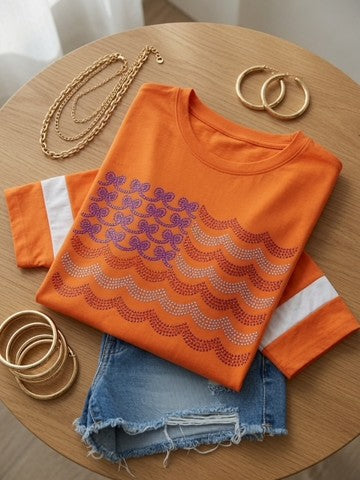 Sparkling Bow Wave Rhinestone Tee – Vibrant Orange