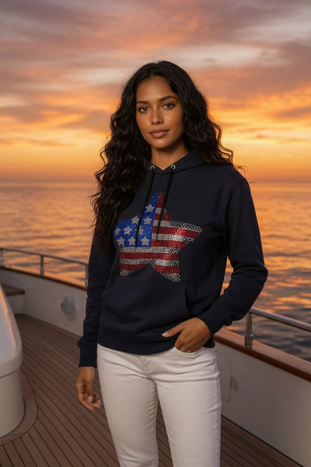 Patriot Star Hoodie – Rhinestone American Flag Sweatshirt