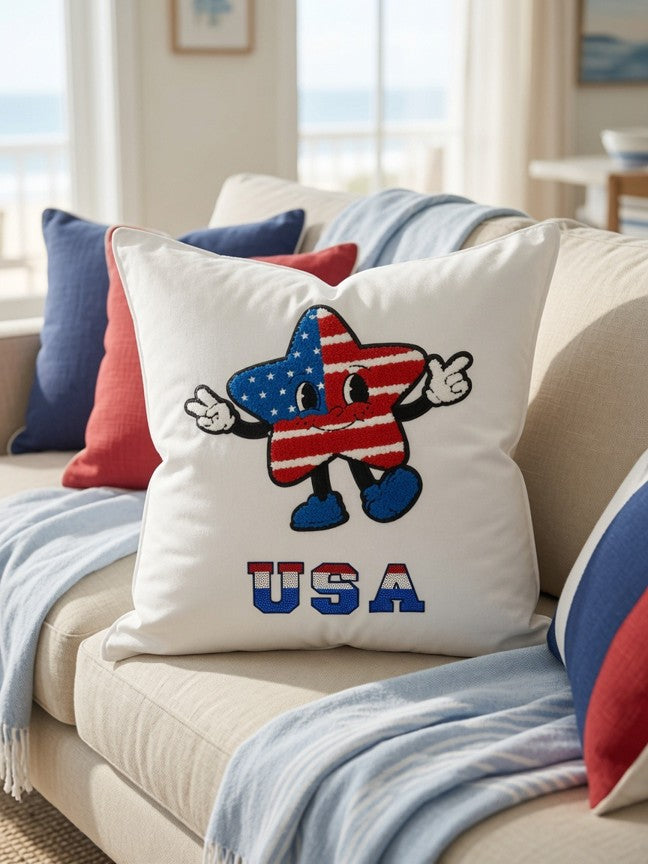 Chenille Patriotic USA Star Throw Pillow