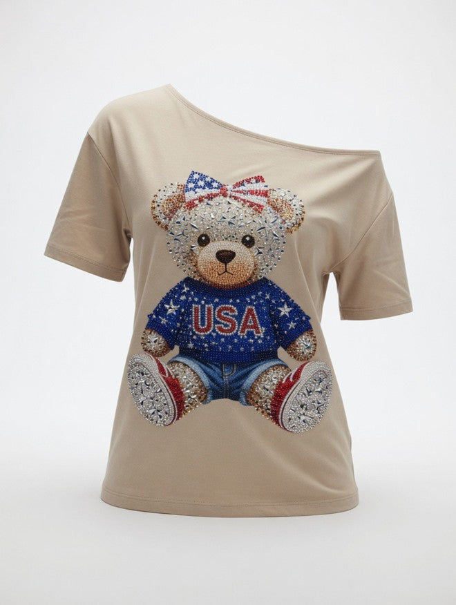 USA Teddy Bear Rhinestone Off-Shoulder T-Shirt