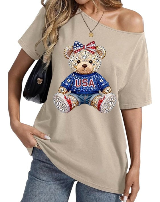 USA Teddy Bear Rhinestone Off-Shoulder T-Shirt