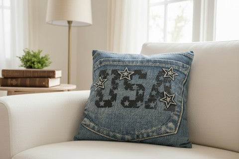 USA Denim Throw Pillow – Patriotic Stars & Pocket Detail
