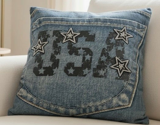 USA Denim Throw Pillow – Patriotic Stars & Pocket Detail