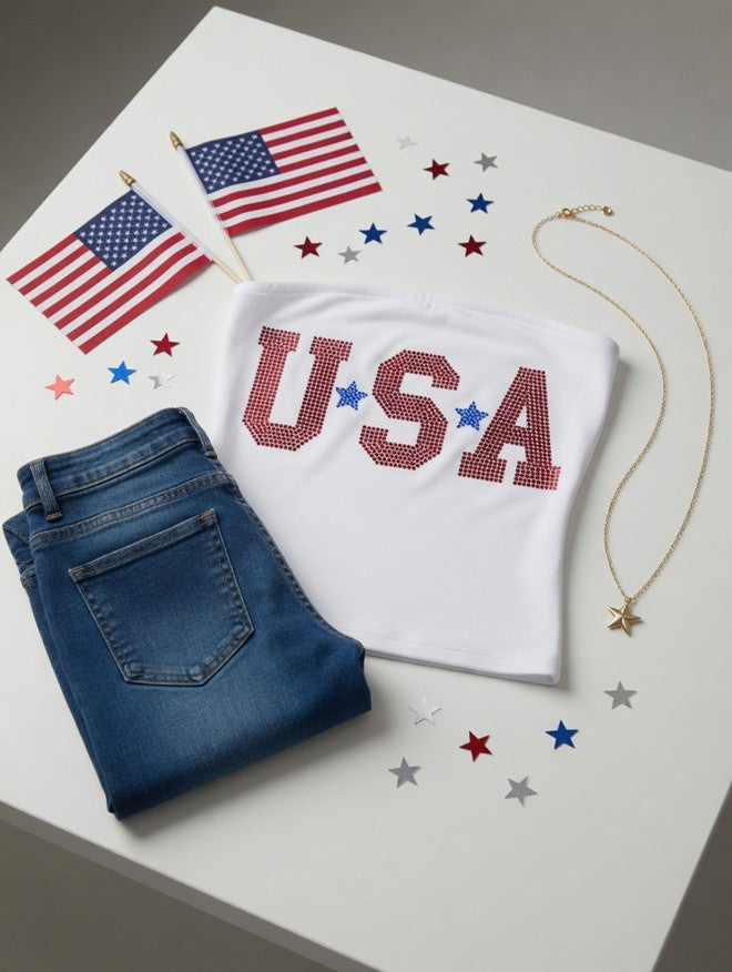 USA Rhinestone Strapless Tube Top