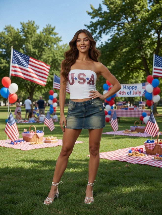 USA Rhinestone Strapless Tube Top