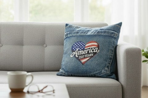 America 250 Years Heart Denim Looking Throw Pillow