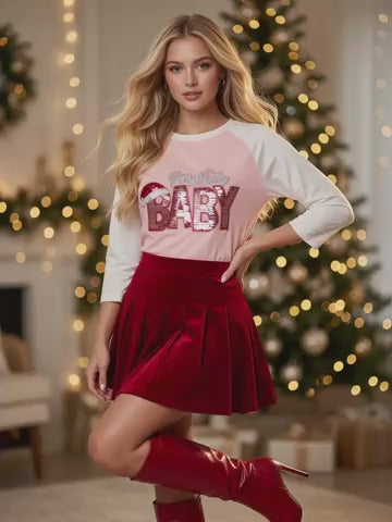 Sequin “Santa Baby Patch” Pink Varsity 3/4 Sleeve Tee